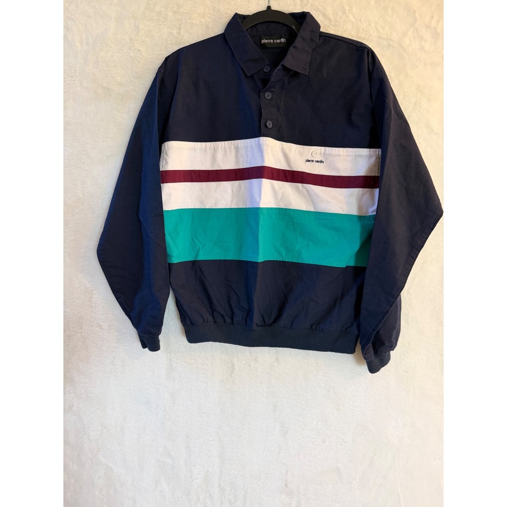 Pierre Cardin Mens Vintage Colorblock Pullover Windbreaker Navy Teal Large